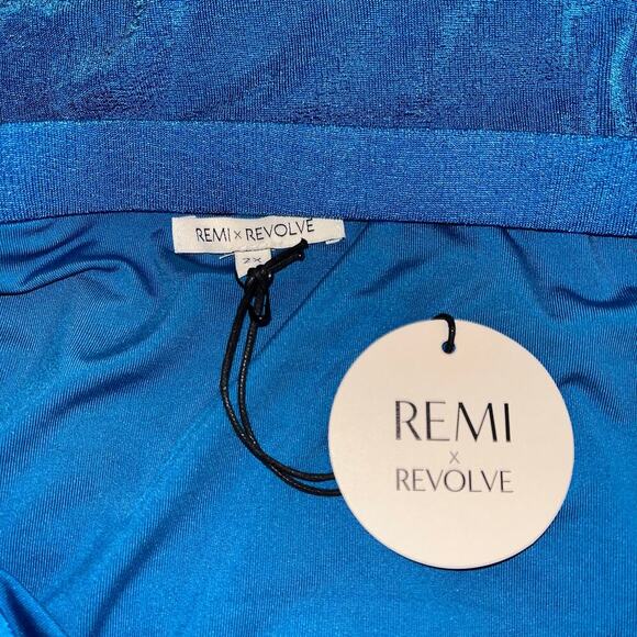 Remi x Revolve Blue Draped Ruched Maxi Skirt Size 2X | Lined High Slit Skirt - Picture 7 of 9
